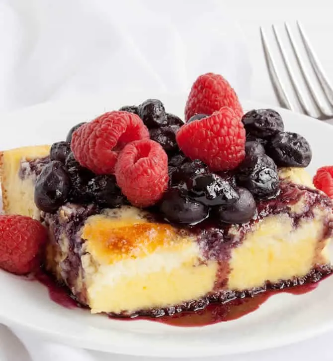 Berry Blintz Souffle. Cheese blintzes with no rolling or filling. Make it in one pan and feed a crowd!