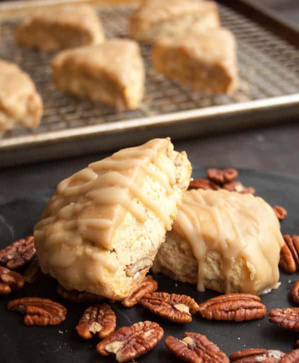 Brown Sugar Butter Pecan Scones. A dense, buttery, rich scone. Sprinkle with raw sugar or dip in a sweet butterscotch glaze.