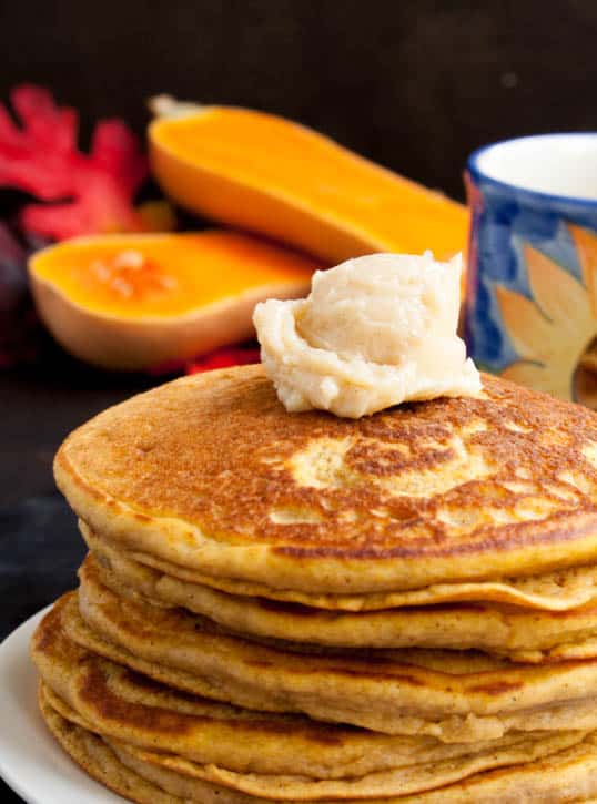 Whole Wheat Butternut Squash Pancakes with Whipped Maple Butter are tender, hearty yet fluffy, and perfect with a buttery sweet topping.