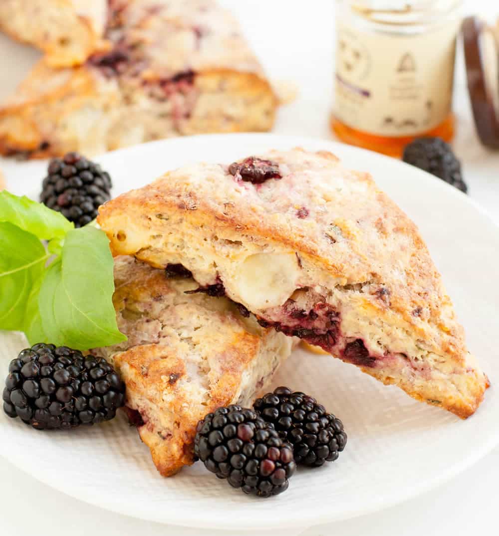 Two Blackberry Fontina Scones on a plate