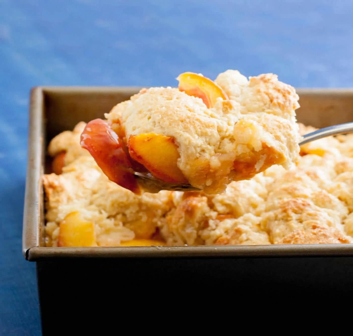 Georgia Peach Cobbler. Fresh peaches, lightly spiced and sweetened with two kinds of sugar, are baked under a delicious sweet biscuit topping!