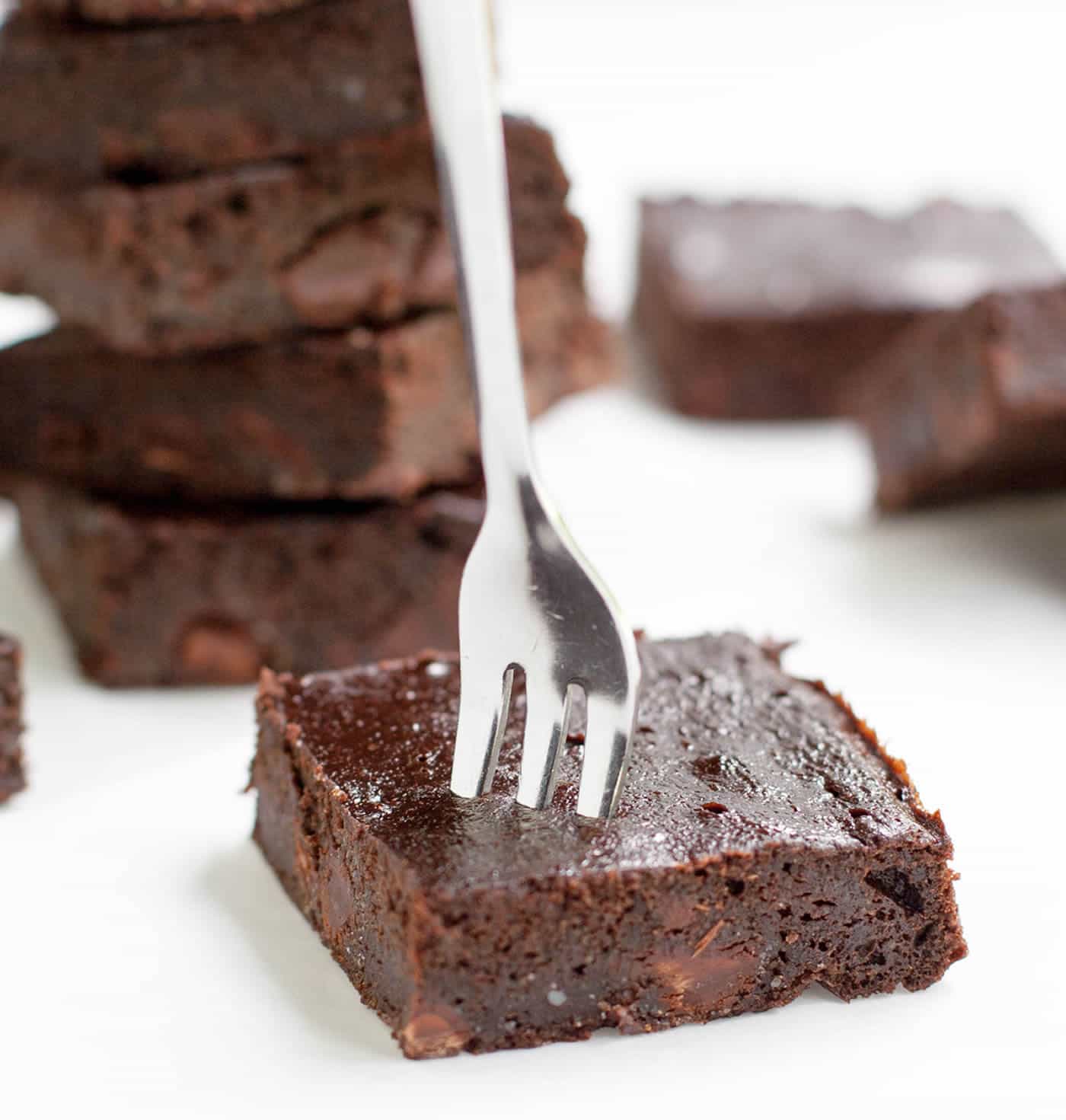 Fudgy Zucchini Brownies. A super fudgy brownie that mixes up easily in your food processor! Lower in sugar, flour and fat than many traditional brownie recipes.