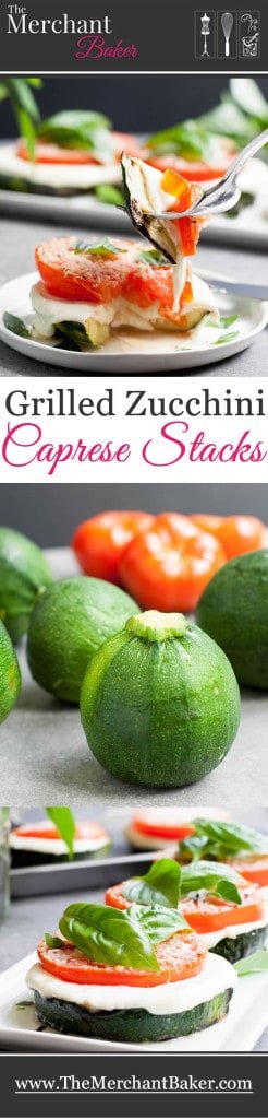 Grilled Zucchini Caprese Stacks. Thick, meaty slices of zucchini are grilled then stacked with hearty slices of tomato and fresh mozzarella. Filling enough for a main, delicious as a side or pop it onto a bun for a delicious veggie sandwich!