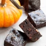 One Bowl Fudgy Pumpkin Brownies uses pumpkin puree and a hit of pumpkin spice. The texture is reminiscent of flourless chocolate cake mashed up with a pumpkin pie. So good!