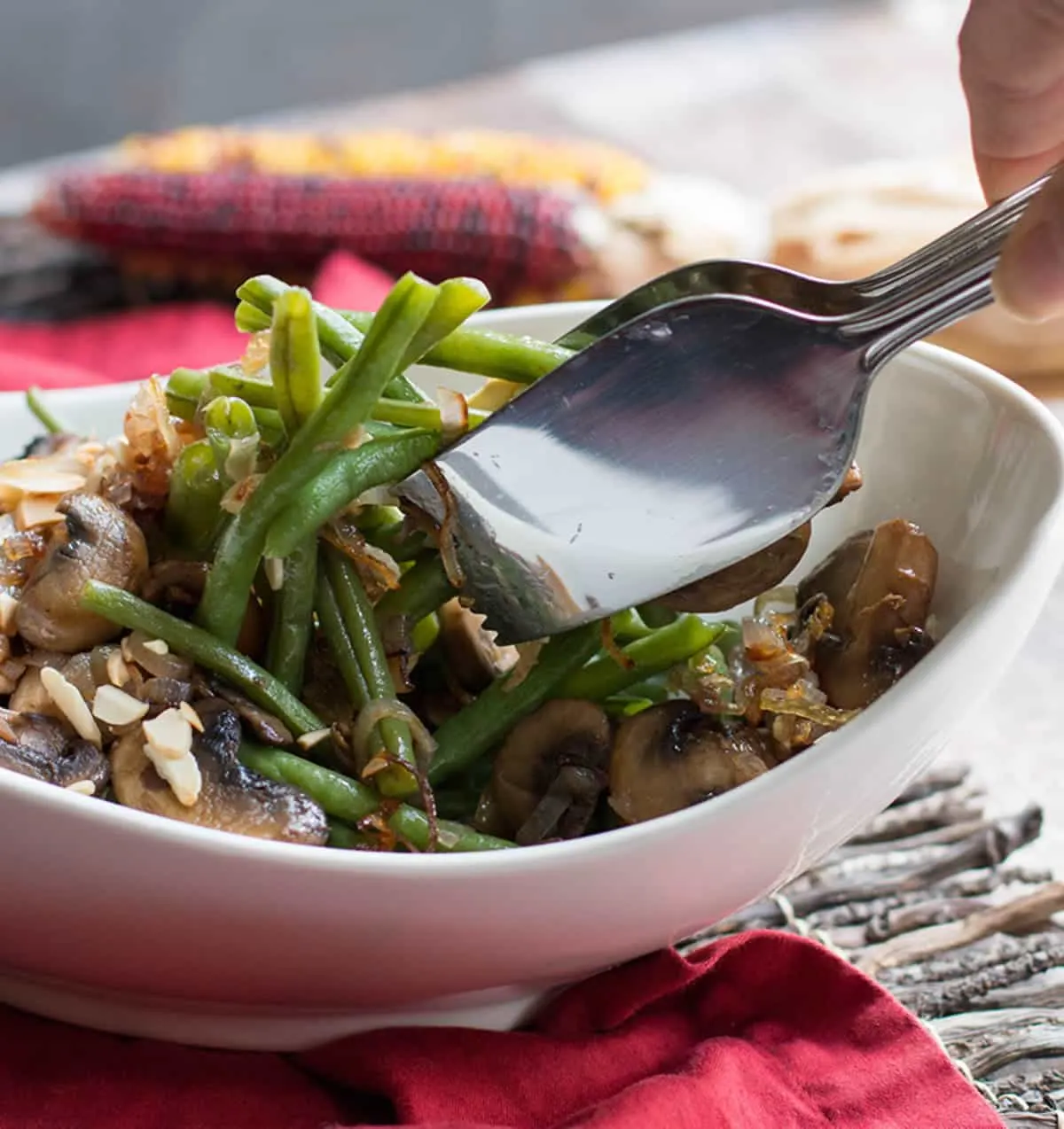 One Pan Green Beans, Mushrooms and Shallots. The flavors of traditional green bean casserole in a lighter, fresher tasting side dish. One pan easy!