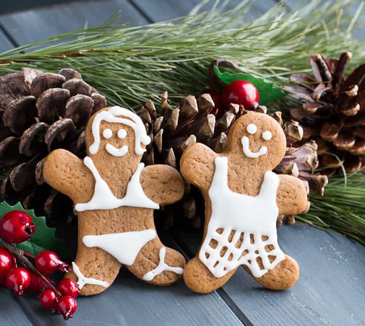 Soft gingerbread man and gingerbread woman cookies decorated with icing leaned against a pine cone and pine branch by themerchantbaker.com