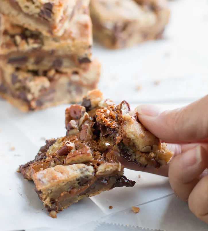 Chocolate Chip Dulce de Leche Bars. Creamy sweet milk caramel, baked between chocolate chip cookie dough. Add pecans for turtle lovers!