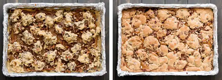 Chocolate Chip Dulce de Leche Bars. Creamy sweet milk caramel, baked between chocolate chip cookie dough. Add pecans for turtle lovers!