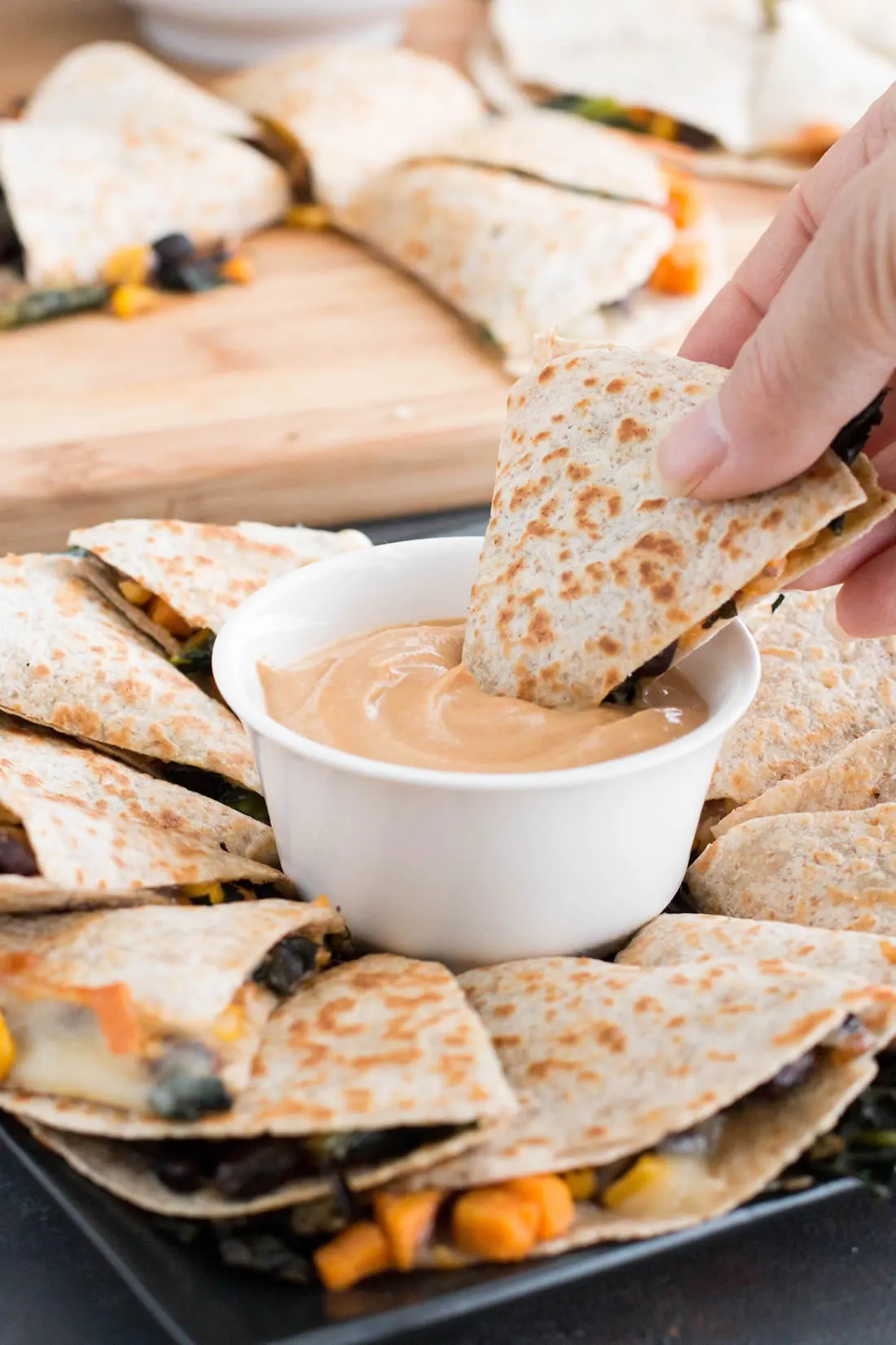 Kale, Sweet Potato, Black Bean Quesadillas are chock full of veggies and are paired with an unexpected, but delicious light and creamy barbeque dip.