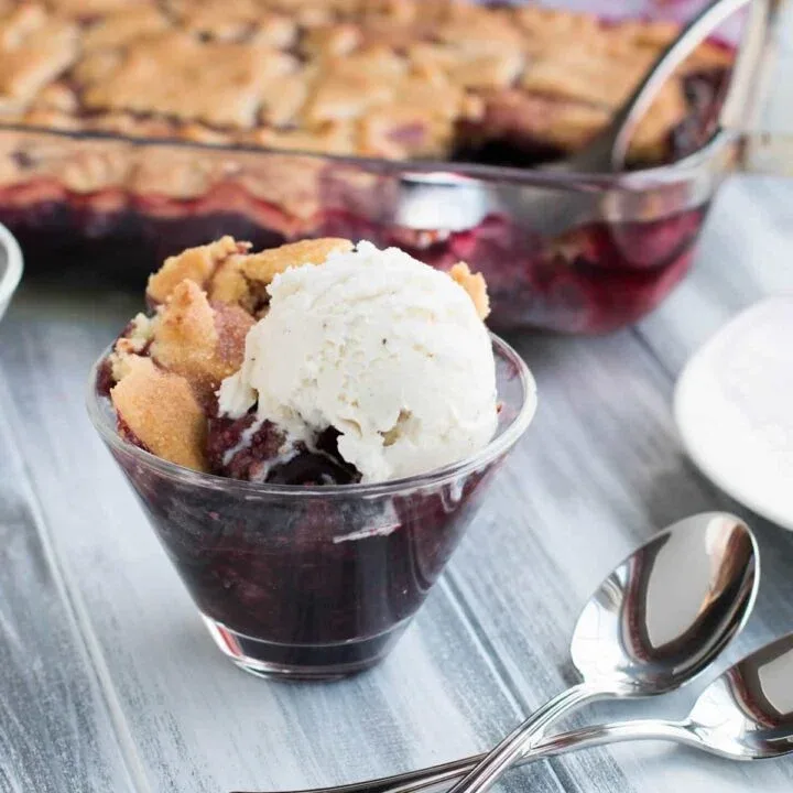 Sugar Cookie Cherry Cobbler. Sweet, juicy cherries bake beneath a tender, yet crispy crust of buttery sugar cookies. A fun twist on traditional cobbler.