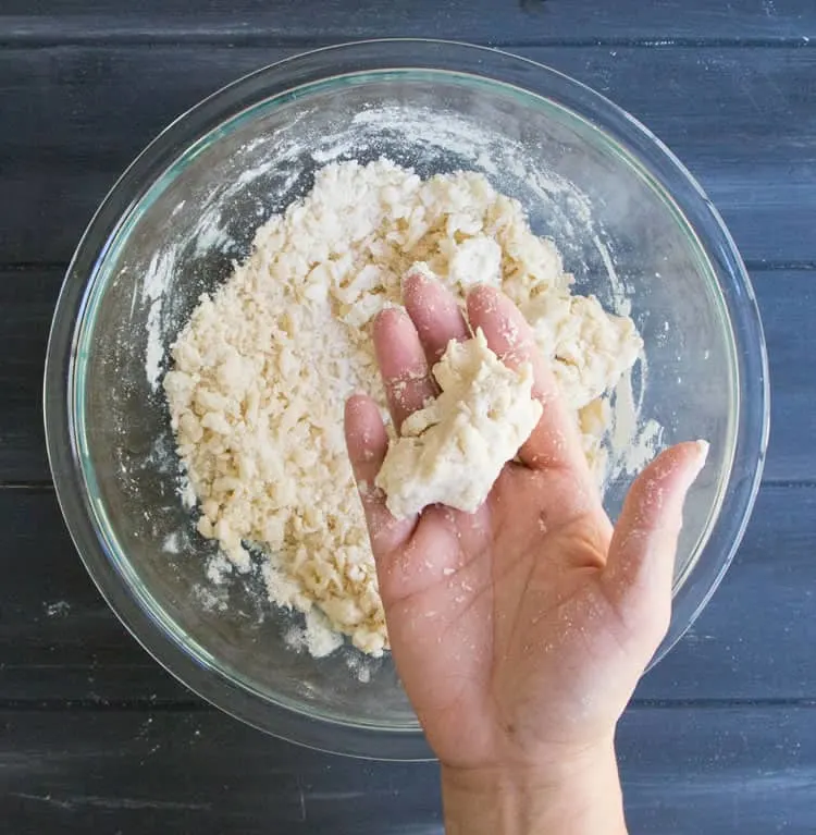 A hand showing a squeezed portion of dough to show dough consistency for Easy All Butter Pie Crust from themerchantbaker.com