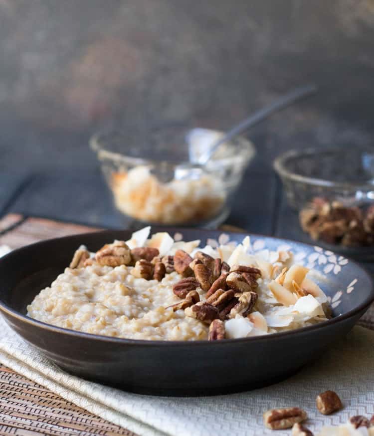 Toasted Coconut Pecan Steel Cut Oats. Steel cut oats are simmered in lightly sweetened coconut milk, then topped with toasted coconut and pecans.
