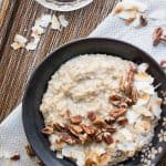 Toasted Coconut Pecan Steel Cut Oats. Steel cut oats are simmered in lightly sweetened coconut milk, then topped with toasted coconut and pecans.