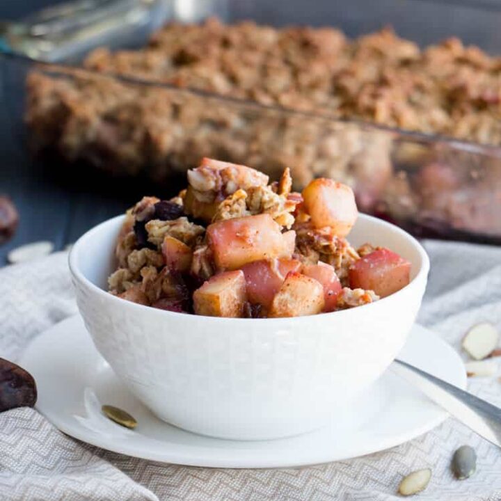Healthy Winter Fruit Crisp. Great choice for breakfast or dessert with no refined sugars, lots of whole grain and protein, coconut oil and olive oil, and ingredients that are nutrient packed.