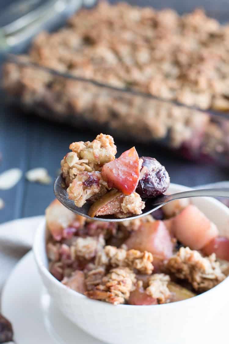 Healthy Winter Fruit Crisp. Great choice for breakfast or dessert with no refined sugars, lots of whole grain and protein, coconut oil and olive oil, and ingredients that are nutrient packed.