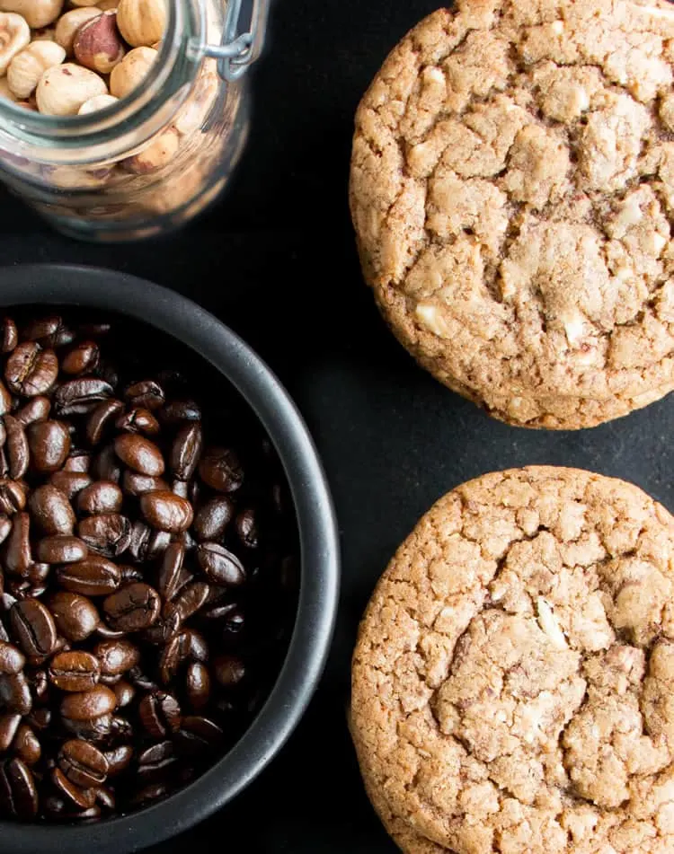 Hazelnut Mocha Coffee and Cream Cookies. A soft chewy cookie with the flavors of your favorite coffee. Four kinds of chocolate and toasted hazelnuts make for the most delicious cookie!