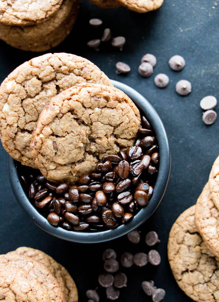Hazelnut Mocha Coffee and Cream Cookies. A soft chewy cookie with the flavors of your favorite coffee. Four kinds of chocolate and toasted hazelnuts make for the most delicious cookie!