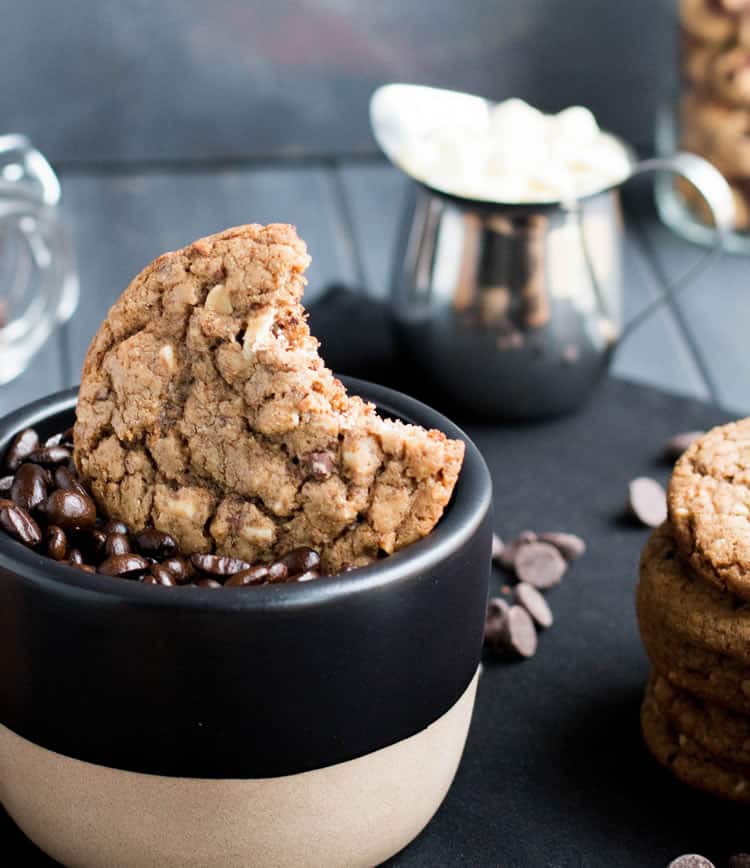 Hazelnut Mocha Coffee and Cream Cookies. A soft chewy cookie with the flavors of your favorite coffee. Four kinds of chocolate and toasted hazelnuts make for the most delicious cookie!