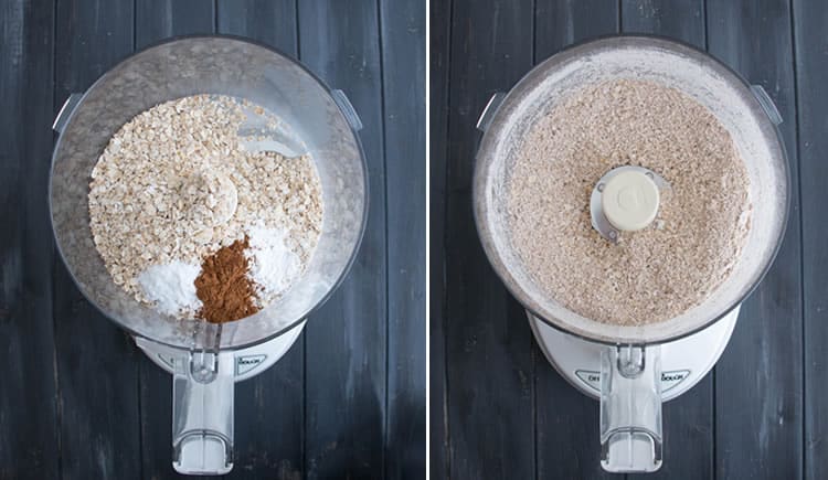 Top view of ingredients for Oatmeal Cottage Cheese Protein Pancakes in a blender from themerchantbaker.com