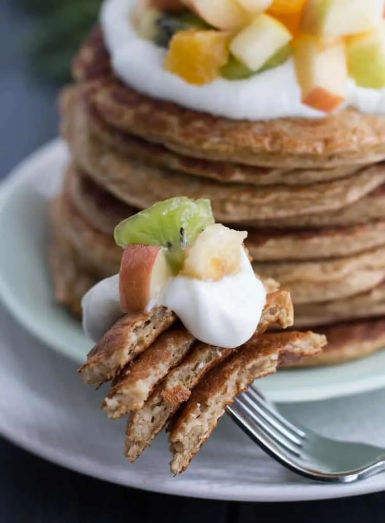 Oatmeal Cottage Cheese Protein Pancakes. Thin, yet hearty, moist and tender with a satisfying chew, like a hearty oatmeal crepe. The pancakes are made in the food processor and contain no protein powder. A delicious protein and fiber rich breakfast idea!
