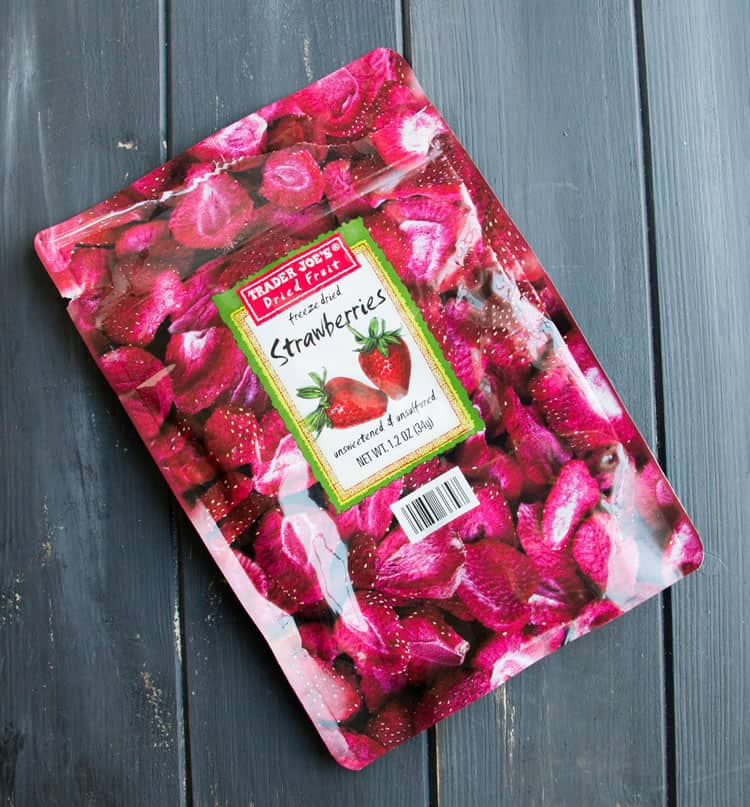 overhead photo of a bag of Trader Joe's freeze dried strawberries