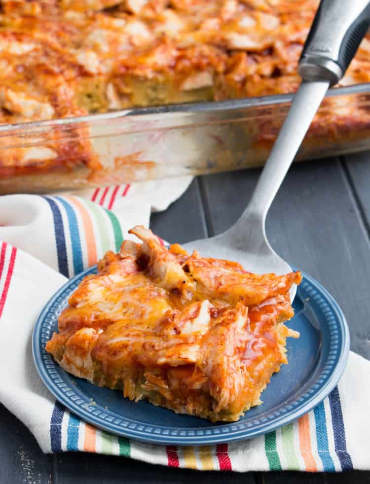 Easy Chicken Tamale Casserole. A layer of moist, savory cornbread is topped with chicken, enchilada sauce and cheese. Makes an easy weeknight meal or festive addition to your Cinco de Mayo celebration.
