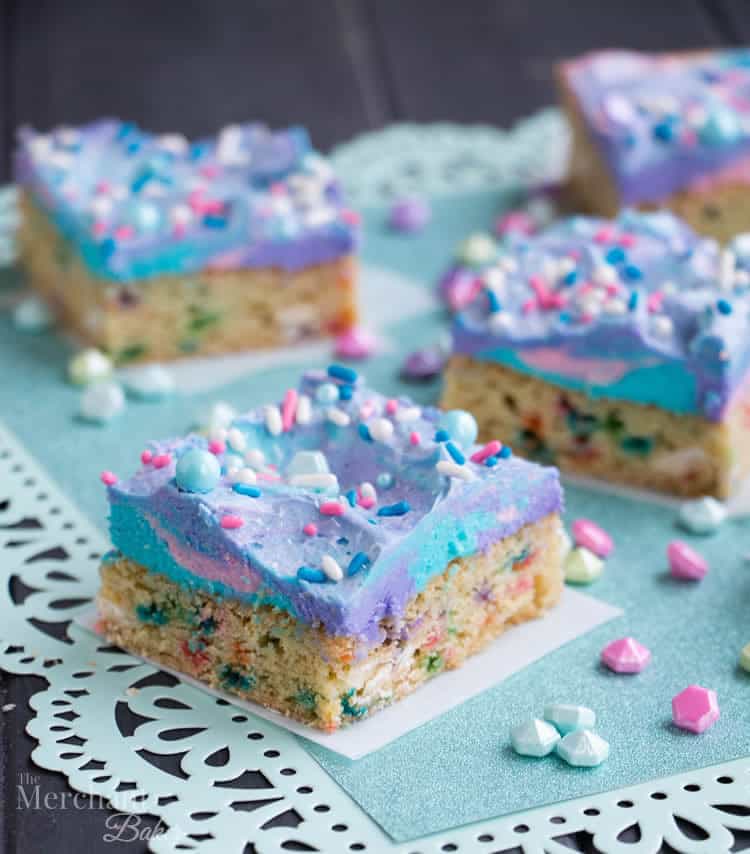 Mermaid Birthday Sugar Cookie Bars. Birthday cake flavored sugar cookie bars, topped with colorful swirls of frosting and festive sprinkles.