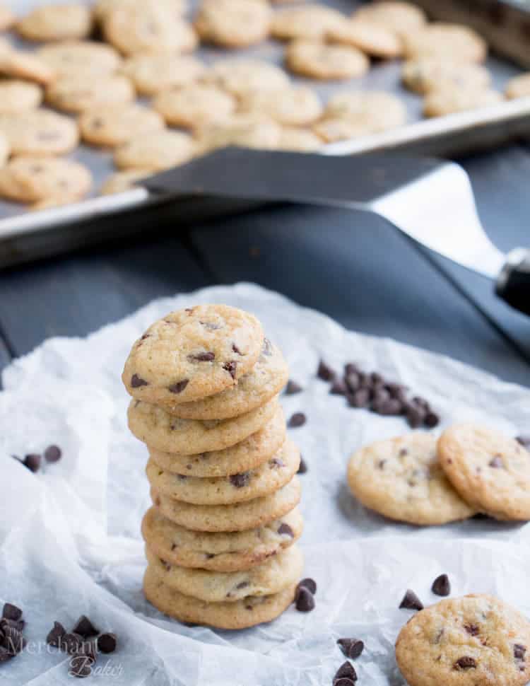 One Bite Mini Chocolate Chip Cookies have slightly crispy edges and soft, chewy centers. One batch makes a bunch of teeny, tiny cookies, chock full of chocolate chips.