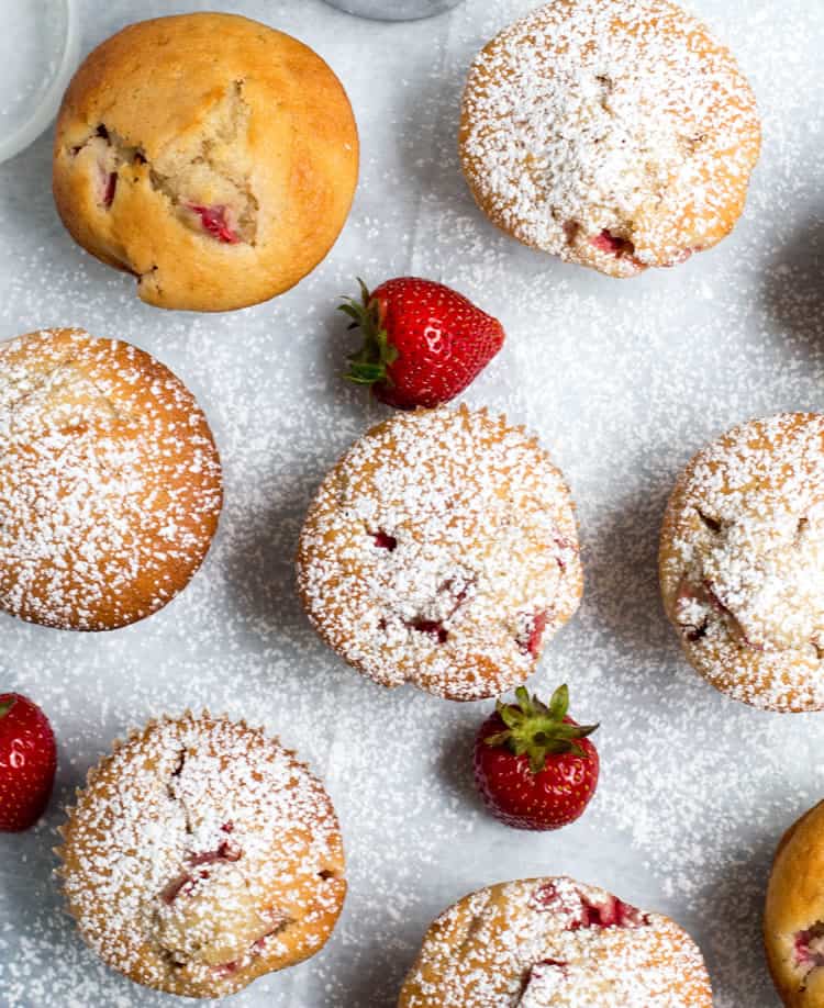 Fresh Strawberry Muffins are full of chopped fresh strawberries. They get an extra protein boost from Greek yogurt. Perfect for breakfast or brunch!