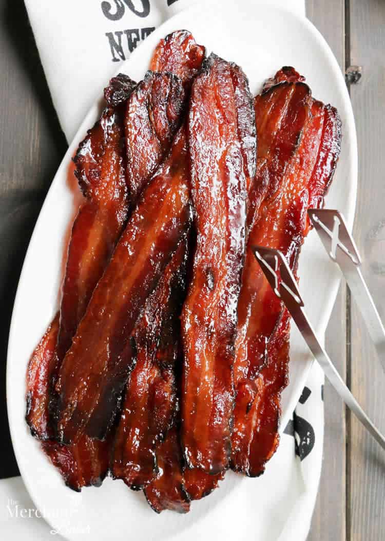 Brown Sugar Maple Glazed Bacon on a dish from themerchantbaker.com