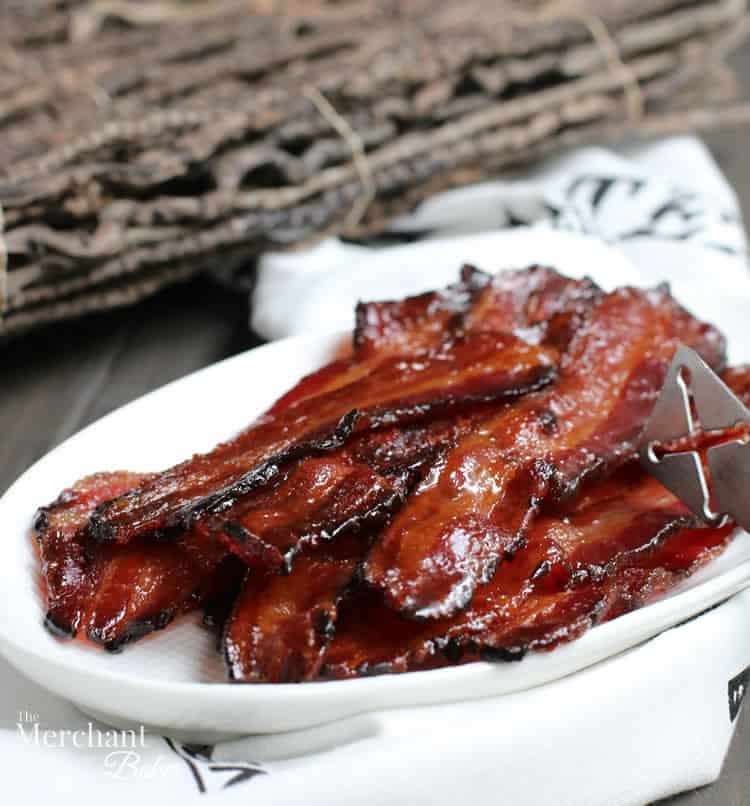 Brown Sugar Maple Glazed Bacon on a plate from themerchantbaker.com