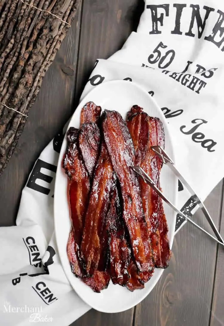 Brown Sugar Maple Glazed Bacon on a plate from themerchantbaker.com