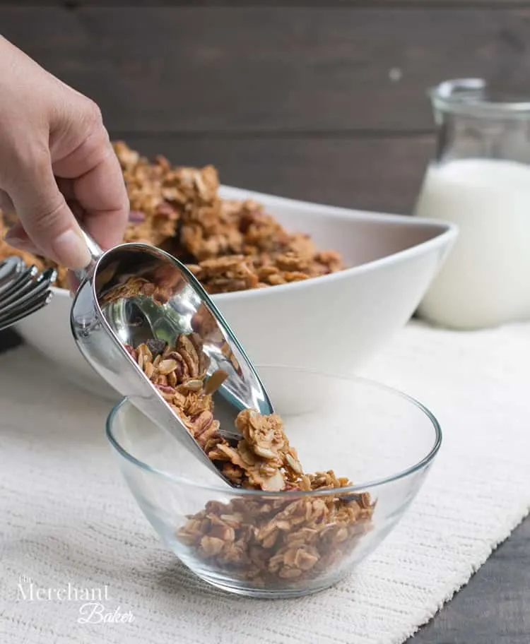 Chocolate Chunk Pecan Granola. Crunchy, hearty granola inspired by a favorite cookie with olive oil, honey and a bit of brown sugar and butter for flavor.