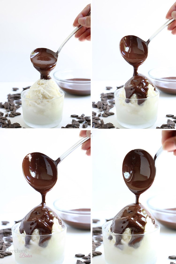 A four image collection of Chocolate Hardshell Ice Cream Topping being poured onto ice cream from themerchantbaker.com