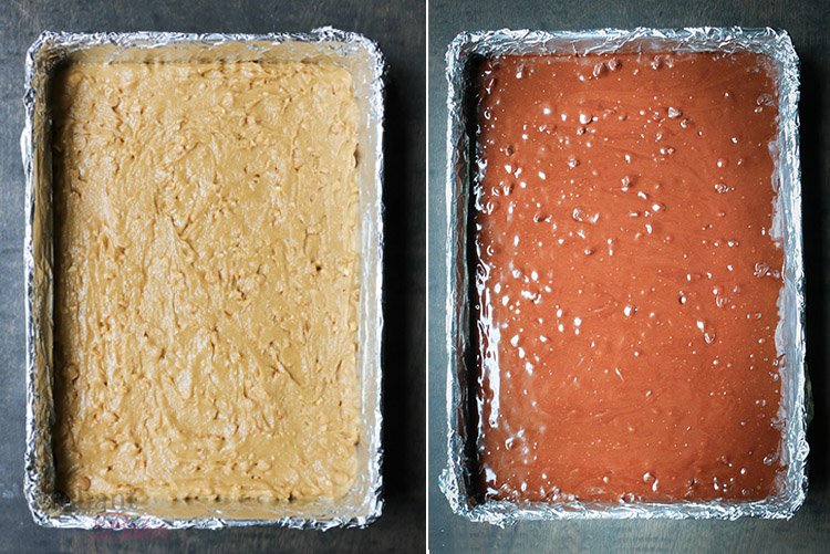 Side-by-side image of unbaked peanut butter batter and brownie batter from themerchantbaker.com