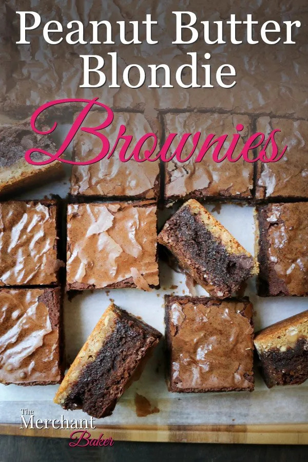 Pinterest Image of Peanut Butter Blondie Brownies cut into squares on cutting board from themerchantbaker.com