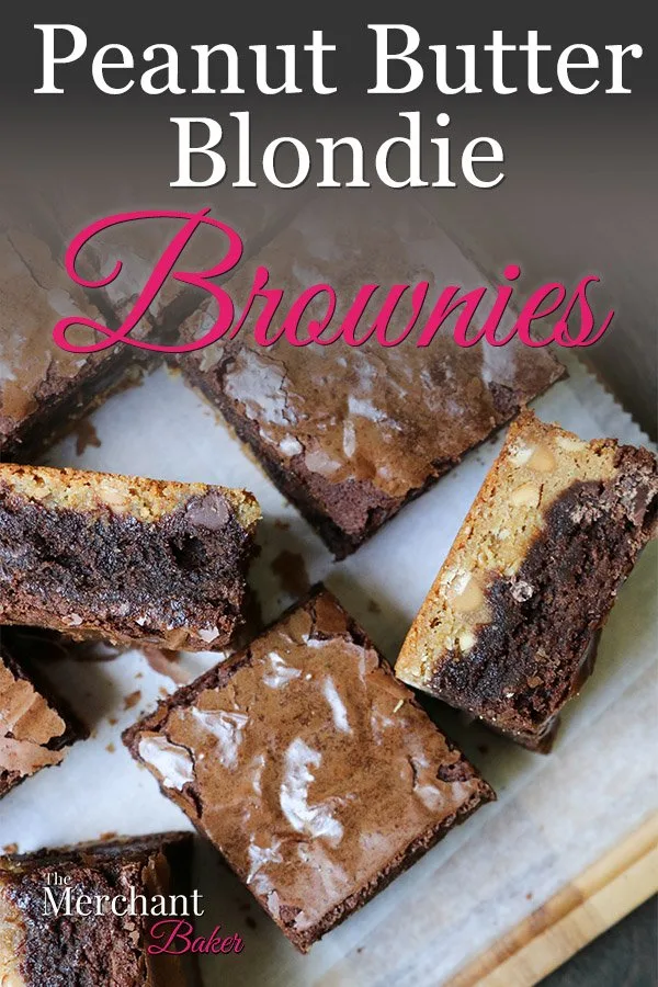 Pinterest Image of Peanut Butter Blondie Brownies cut into squares on cutting board from themerchantbaker.com