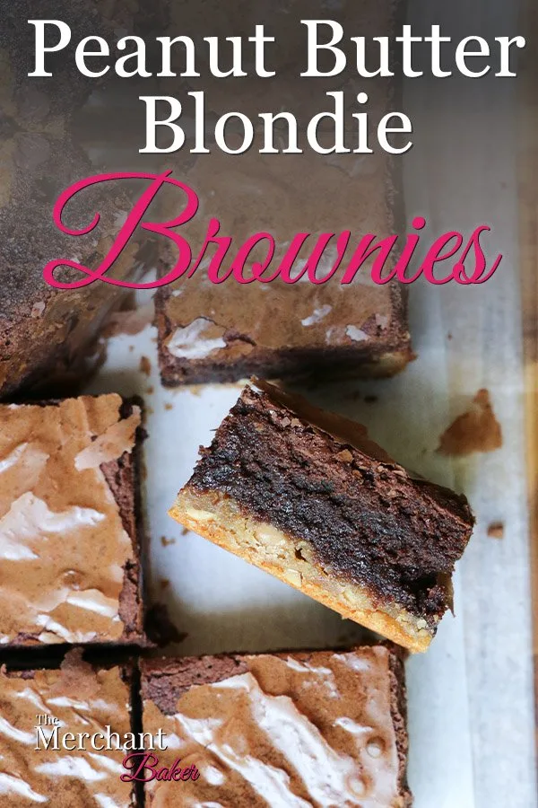 Pinterest Top image of Peanut Butter Blondie Brownies cut into on square on cutting board from themerchantbaker.com