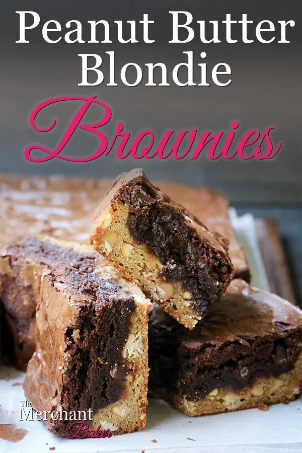 Pinterest Image of three squares of Peanut Butter Blondie Brownies displayed on a cutting board from themerchantbaker.com