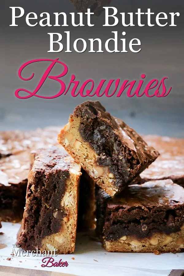 Pinterest Image of three squares of Peanut Butter Blondie Brownies displayed on a cutting board from themerchantbaker.com