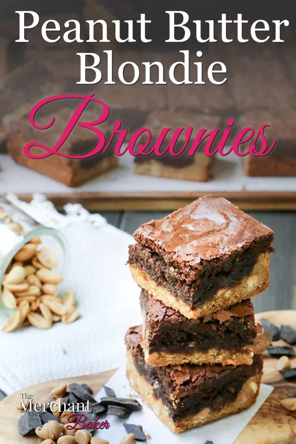Pinterest Image stack of three Peanut Butter Blondie Brownies squares on a cutting board with peanuts and chocolate from themerchantbaker.com