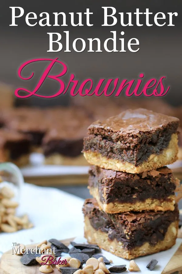 Pinterest Image stack of three Peanut Butter Blondie Brownies squares on a cutting board with peanuts and chocolate from themerchantbaker.com