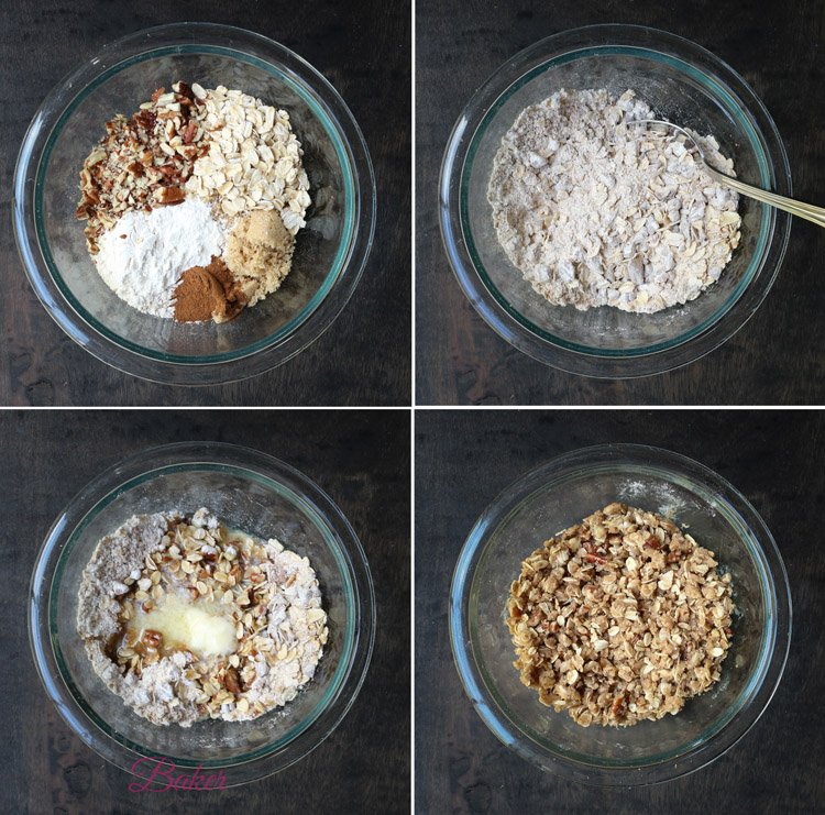 Four images showing the process of making Baked Apple Oatmeal by themerchantbaker.com