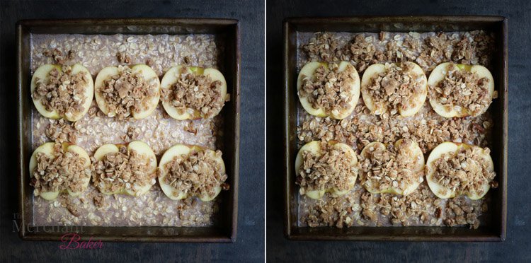 Two images of oatmeal and apples in a baking pan to make Baked Apple Oatmeal by themerchantbaker.com