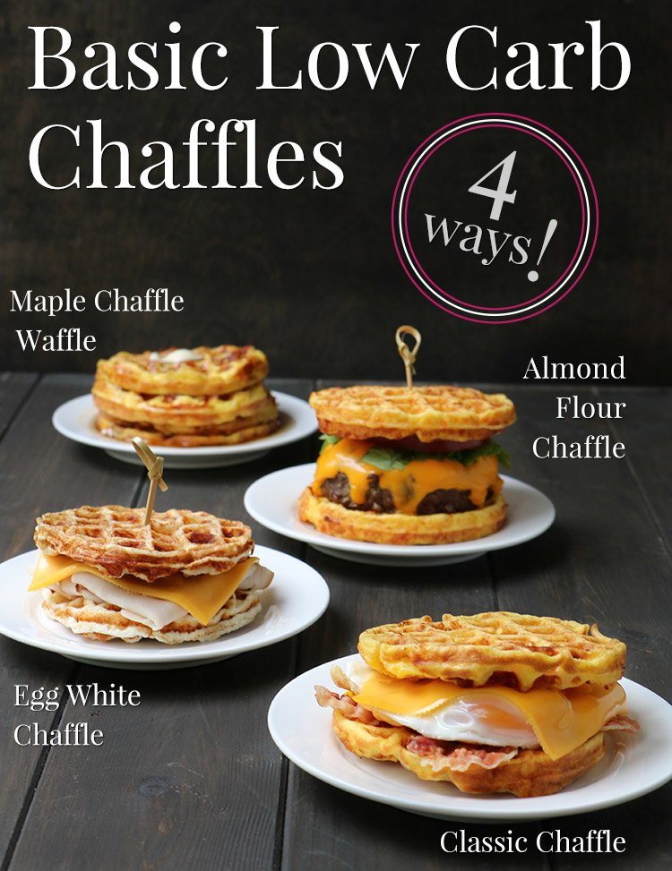4 Basic Chaffle Recipes. Side photo of four different Chaffles with titles by themerchantbaker.com