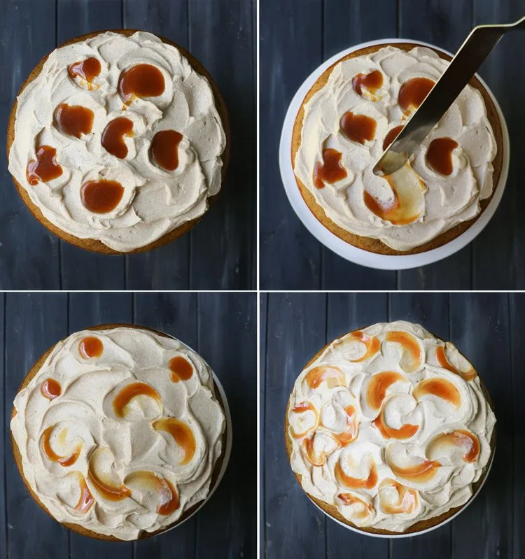Four photos showing the process of spreading caramel in icing on the top of a Pumpkin Ale Cake by themerchantbaker.com