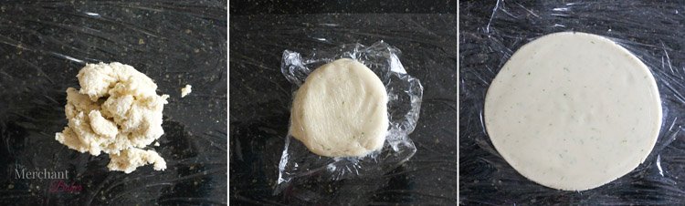 An overhead view of three stages of rolling out the cookie dough from messy ball of dough, to rounded disc, to fully rolled out between pieces of plastic wrap.n plastic wrap.