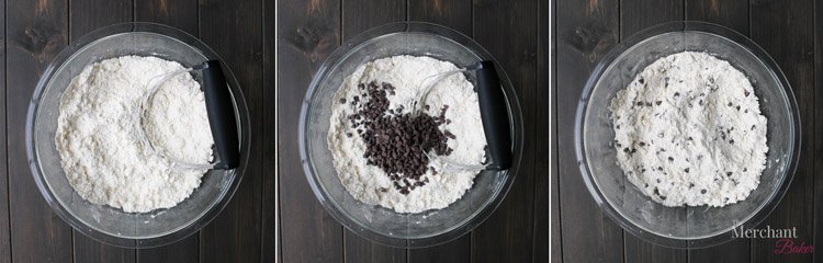 Three overhead photos of flour, flour and mini chocolate chips mixed in a bowl by themerchantbaker.com