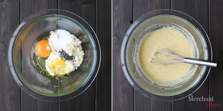 Two overhead photos of raw egg, poppyseed, almond flour and lemon zest in glass bowls mixed and unmixed
