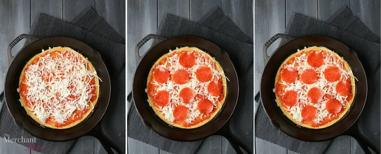 Three overhead images showing cheese, pepperoni and baked version of Socca Pizza by themerchantbaker.com